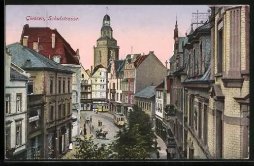 AK Giessen, Schulstrasse, Strassenbahn, Kirche