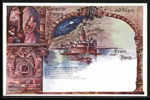 Lithographie Kaub / Rhein, Burg Pfalzgrafenstein, Agnes-Sage, Rheinische Burgen und Sagen