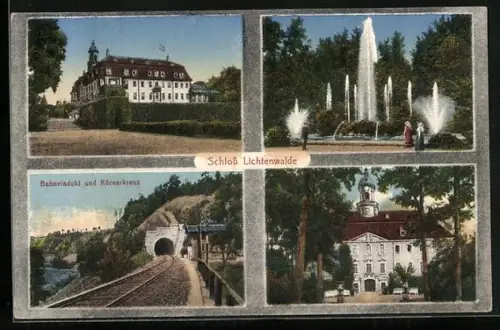 AK Lichtenwalde, Schloss, Park mit Springbrunnen, Bahnviadukt und Körnerkreuz