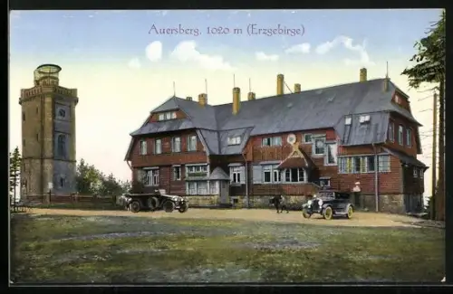AK Auersberg /Erzgebirge, Unterkunftshaus und Aussichtsturm