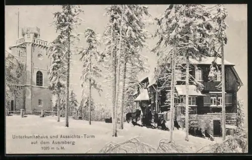 AK Auersberg, Unterkunftshaus u. Aussichtsturm im Winter