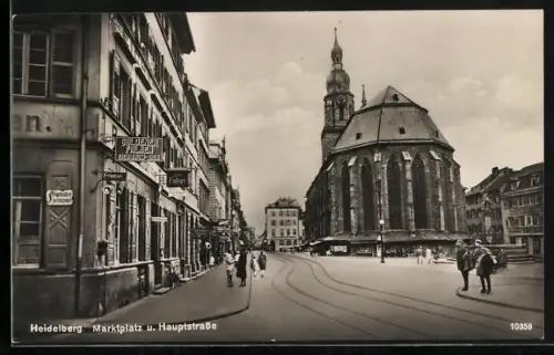 AK Heidelberg / Neckar, Marktplatz und Hauptstrasse, Kirche