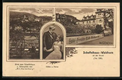 AK Heidelberg, Scheffelhaus-Waldhorn, Hotel-Pension-Café-Restaurant, Blick auf Schloss, Schauplatz Alt-Heidelberg