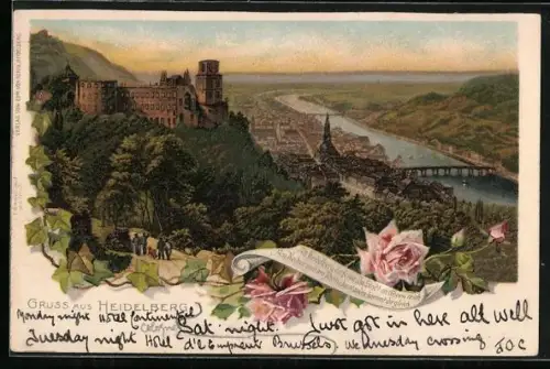 Lithographie Heidelberg, Schloss, Altstadt und Neckarbrücke