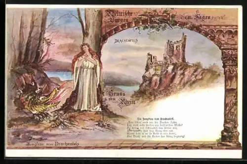 Lithographie Drachenfels, Jungfrau von Drachenfels, Burgruine, Rhein, Sage