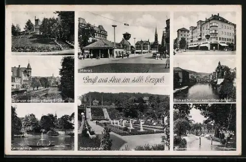 AK Aue /Erzgeb., Markt, Stadtgarten, Blick auf Schiller-/Brücke