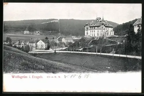 AK Wolfsgrün i. Erzgeb., Ortsansicht mit grossem Gebäude auf Anhöhe