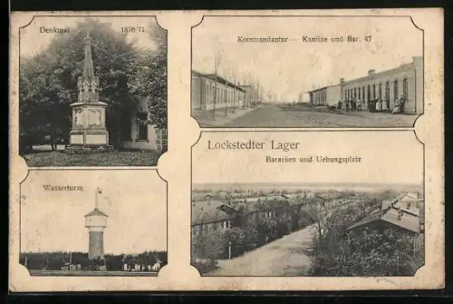 AK Lockstedter Lager, Denkmal 1870/71, Kommandantur, Wasserturm, Baracken und Übungsplatz