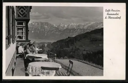 AK Oberaudorf, Café-Pension Hummerei, Terrasse mit Alpenblick