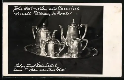 AK Garmisch, Teeservice, Tombola, Weihnachtsgruss