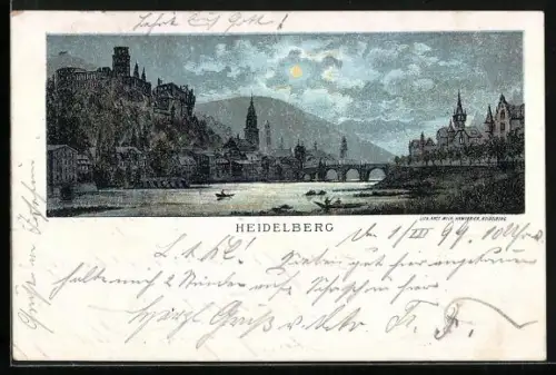 Lithographie Heidelberg, Schloss, Alte Brücke, Neckaransicht, Vollmond