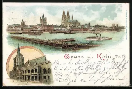 Lithographie Köln, Dom, Rheinpanorama, Rathaus