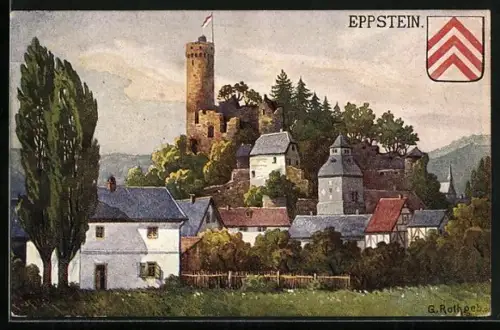 Künstler-AK Eppstein / Taunus, Burgruine, Bergfried, Stadtansicht, Wappen