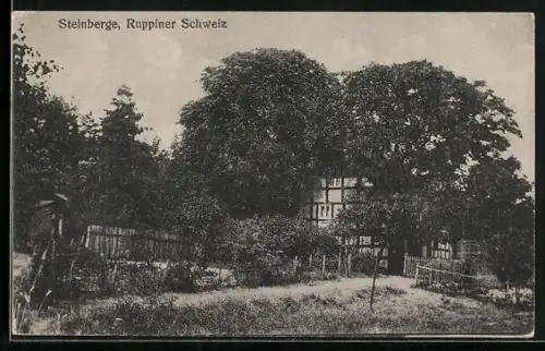 AK Steinberge /Ruppiner Schweiz, Fachwerkhaus, Garten, Bäume