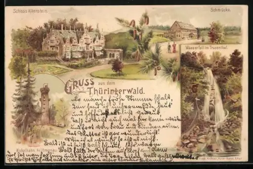 Lithographie Bad Liebenstein, Thüringerwald, Schloss Altenstein, Kickelhahn, Wasserfall im Trusenthal