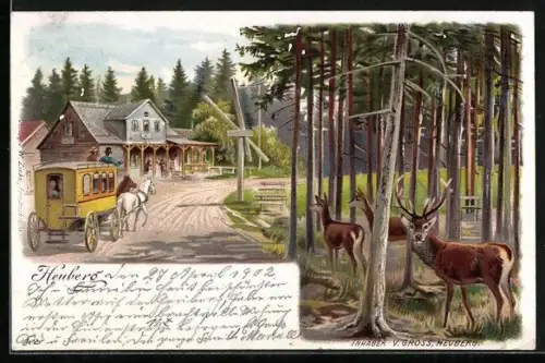 Lithographie Heuberg / Friedrichroda, Gasthaus Inhaber V. Gross, Postkutsche, Rotwild am Waldrand