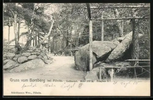 AK Dresden-Pillnitz, Partie an Scheithauers Waldgaststätte Borsberg, Felsen, Aussichtspunkt