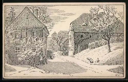 Künstler-AK Löbau, Alt-Löbau, Frühlingsansicht mit Fachwerkhäusern und Obstbäumen