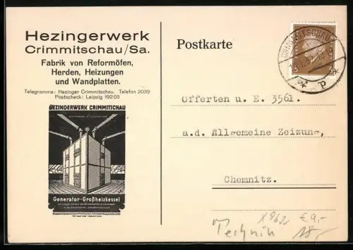 AK Crimmitschau /Sa., Hezingerwerk, Generator-Grossheizkessel, Fabrik für Reformöfen und Heizungen, Anfrage