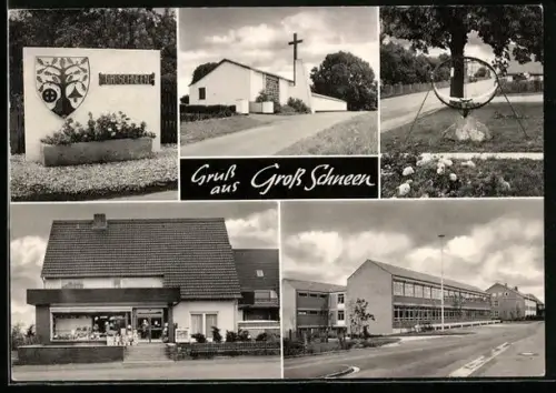 AK Gross Schneen, Wappenschild, Kirche, Schule, Geschäftshaus
