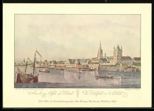 Künstler-AK Eltville, Ansicht im Gründungsjahr der Firma Matheus Müller 1811, Stadtansicht, Schiffe, Kirche