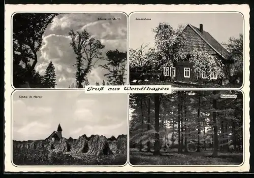 AK Wendthagen, Kirche im Herbst, Bauernhaus, Buchenhain, Bäume im Sturm