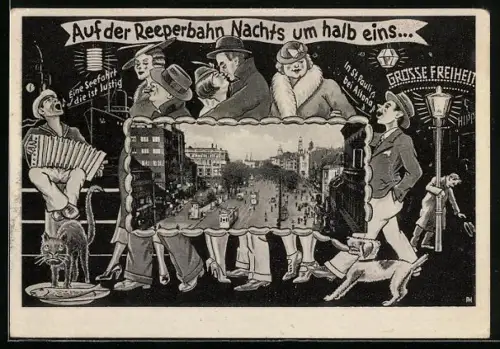 Künstler-AK Hamburg-St.Pauli, Reeperbahn, Grosse Freiheit, nächtliches Strassenleben