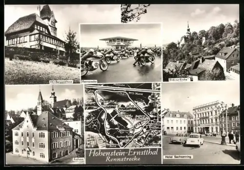 AK Hohenstein-Ernstthal, Rennstrecke, Rathaus, Hotel Sachsenring, HO-Berggasthaus
