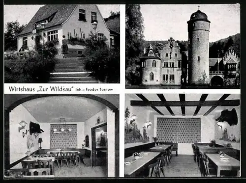 AK Mespelbrunn /Spessart, Wirtshaus Zur Wildsau Inh. Feodor Tornow, Schloss Mespelbrunn, Gastraum
