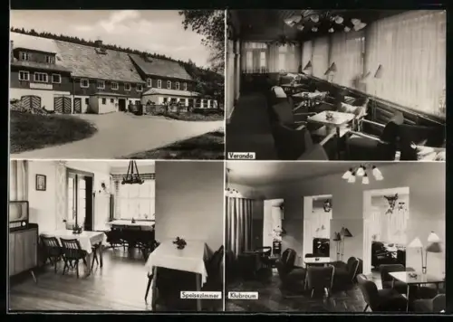 AK Rehefeld /Erzgeb., Betriebsferienheim VEB Möbelstoff Karl-Marx-Stadt, Veranda, Speisezimmer, Klubraum