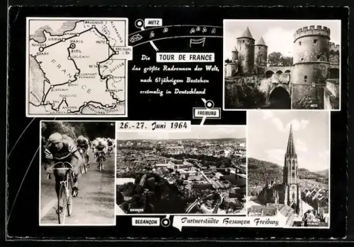 AK Freiburg im Breisgau, Tour de France 1964, Landkarte, Rennradfahrer, Burg Metz, Freiburger Münster