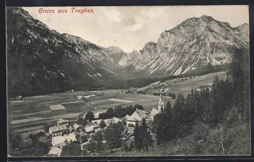 AK Tragöss, Ortsansicht mit Gebirge
