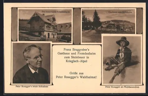 AK Krieglach-Alpel, Gasthaus und Fremdenheim zum Stainbauer F. Burggraber, Portraits Peter Rosegger, Rahmen