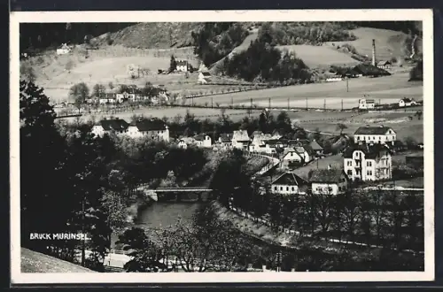 AK Bruck, Murinsel mit Brücke aus der Vogelschau