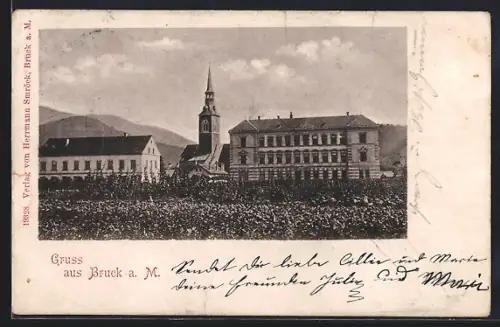 AK Bruck a. d. Mur, Gebäudepanorama mit Kirche