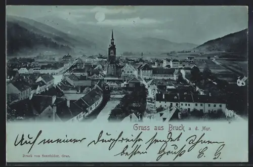 Mondschein-AK Bruck a. d. Mur, Totalansicht mit Blick in die Ferne aus der Vogelschau