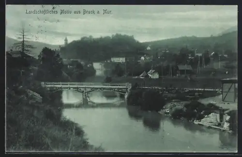 AK Bruck a. d. Mur, Landschaftliches Motiv mit Brücke aus der Vogelschau