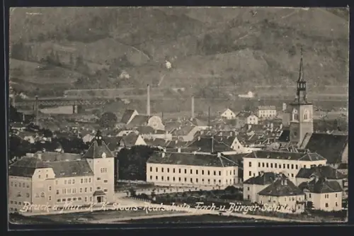 AK Bruck a. d. Mur, K. K. Staats-Realschule, Fach- und Bürgerschule mit Umgebung aus der Vogelschau, Brücke