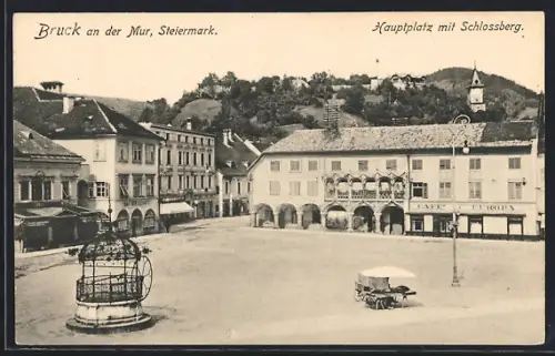 AK Bruck a. Mur, Hauptplatz mit Schlossberg, Cafe Europa, Gastwirtschaft, Brunnen