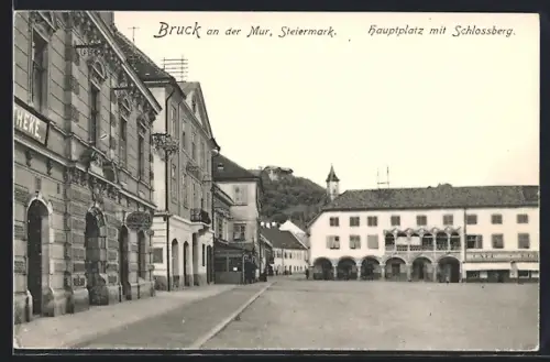 AK Bruck a. d. Mur, Hauptplatz mit Schlossberg, Apotheke