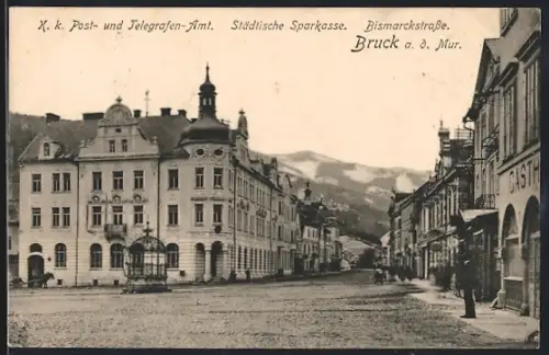 AK Bruck /Mur, Ansicht grosser Platz und Städtische Sparkasse