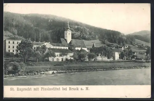 AK St. Ruprecht bei Bruck a. Mur, Piusinstitut und Ort vom Wasser aus