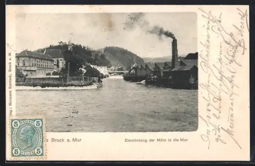 AK Bruck a. d. Mur, Einmündung der Mürz in die Mur, Panorama mit Fabrik