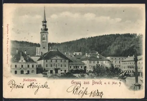 AK Bruck a. d. Mur, Marktplatz-Panorama mit Kirche aus der Vogelschau