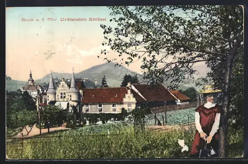 AK Bruck a. d. Mur, Liechtenstein-Schlössl mit Bergpanorama