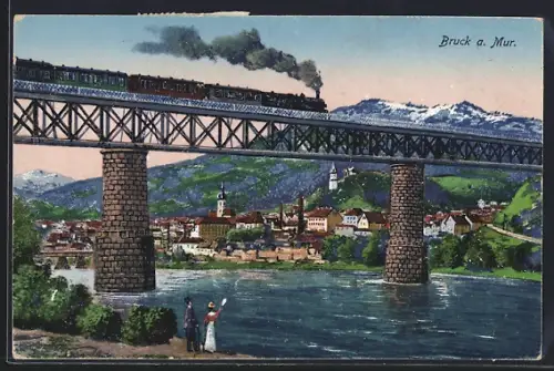 AK Bruck a. Mur, Ortsansicht mit Eisenbahn auf der Brücke