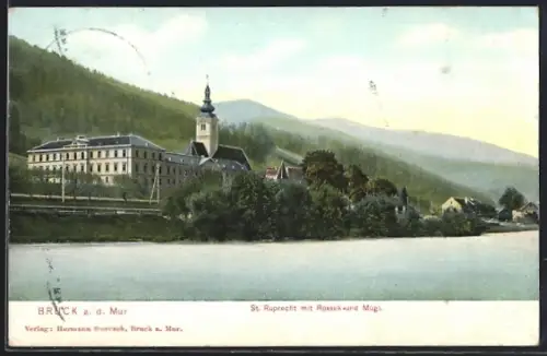 AK Bruck a. d. Mur, St. Ruprecht, Ortsansicht mit Rossek und Mügl vom Wasser aus