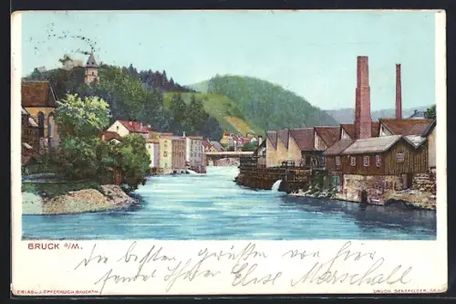 AK Bruck a. d. Mur, Flusspartie mit Brücke, Fabrik u. Schlossberg