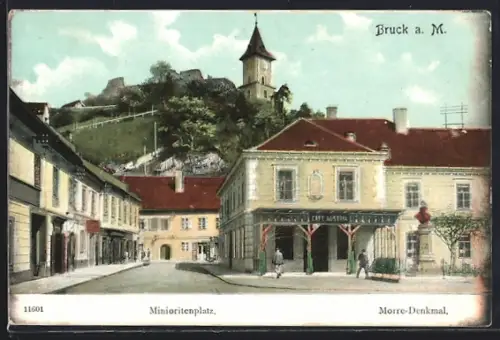 AK Bruck a. M., Minoritenplatz mit Cafe Austria und Morre-Denkmal