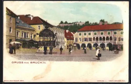Lithographie Bruck a/M, Partie im Ort